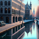 Snowy Winter Morning: Black Car by Canal with Historical Buildings