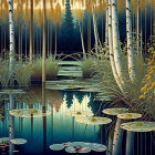 Tranquil digital forest scene with birch trees by calm lake