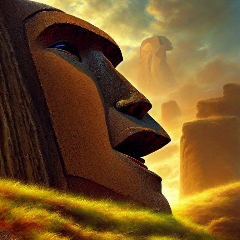 Colossal Stone Face with Golden Sky Background