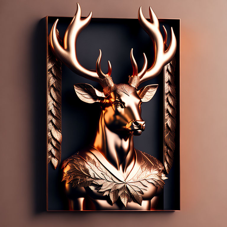 Metallic Deer Sculpture with Antlers and Leaf Motifs on Warm Background