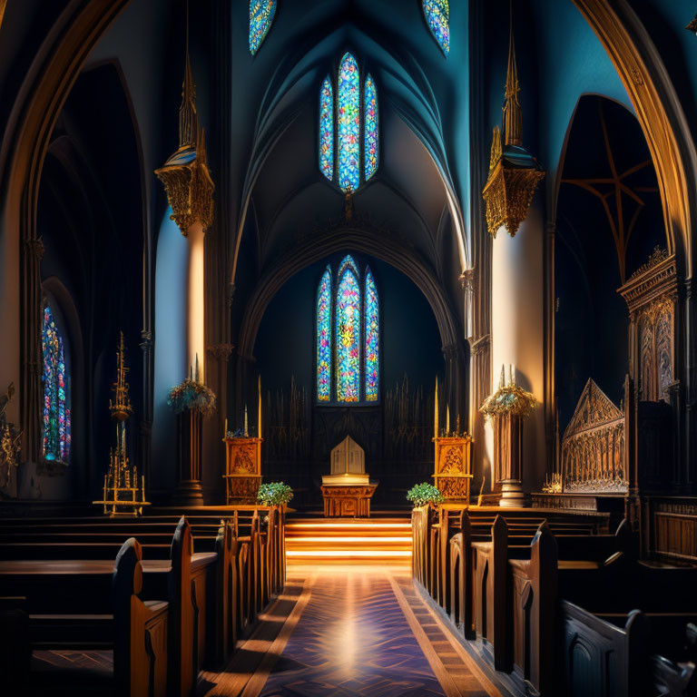 Gothic cathedral interior with stained glass windows and altar