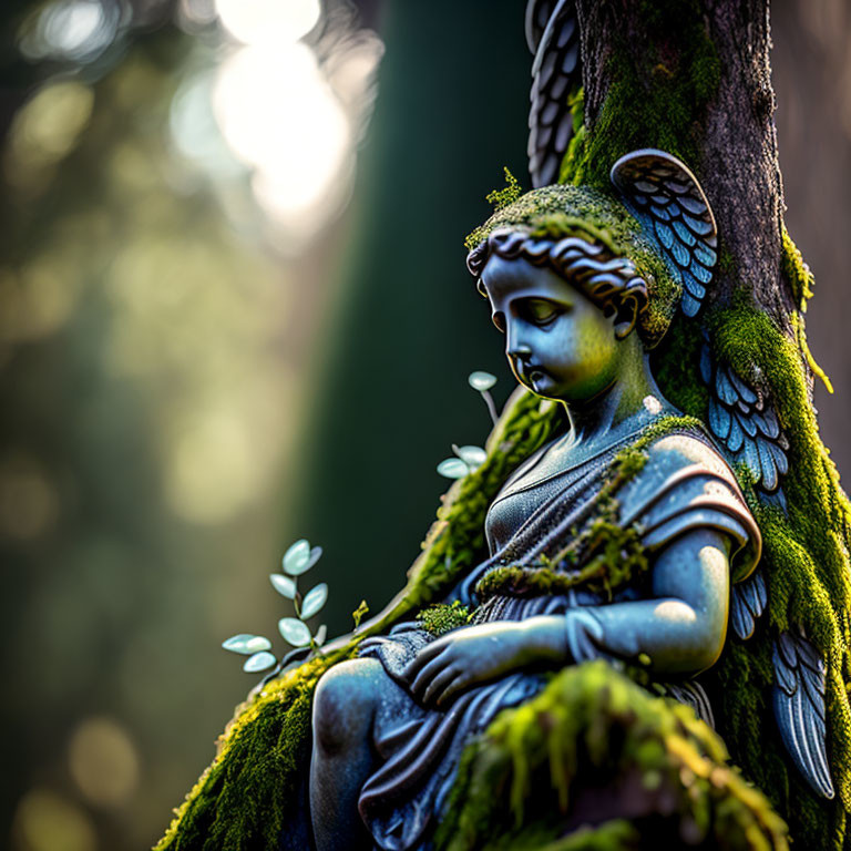 Intricate angel statue with wings by mossy tree trunk in forest setting