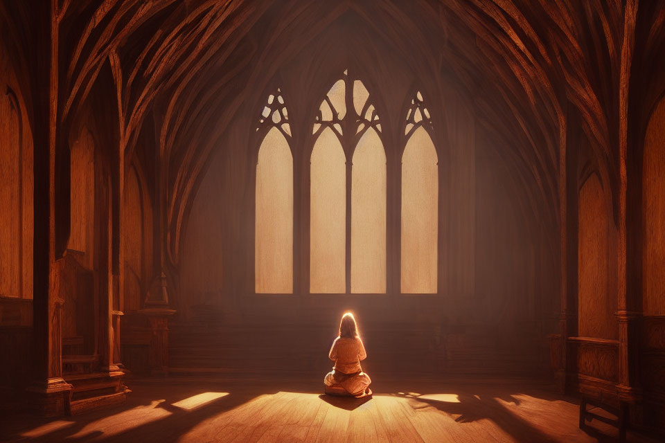 Person sitting in sunlit gothic-style wooden hall with tall arched windows