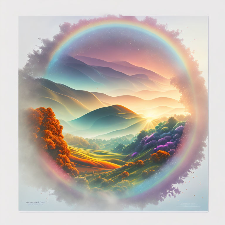 Vibrant landscape with rolling hills, trees, and rainbow in pastel sky