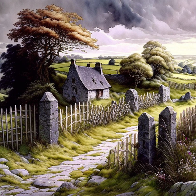 Rural landscape with stone cottage, wooden fence, greenery, trees, and cloudy sky