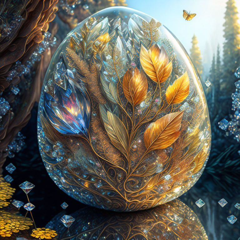 Intricate leaf and vine design on luminous ornate egg in mystical forest