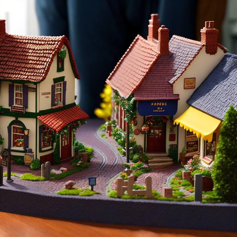 Detailed miniature village scene with cobblestone path, small dog, and blue jeans backdrop.