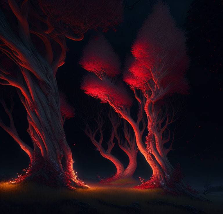 Eerie nighttime scene with red illuminated foliage on twisted trees