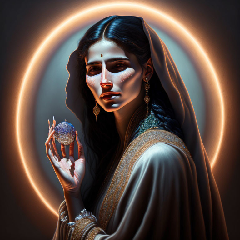 Dark-haired woman in traditional attire holds glowing orb with luminous halo.