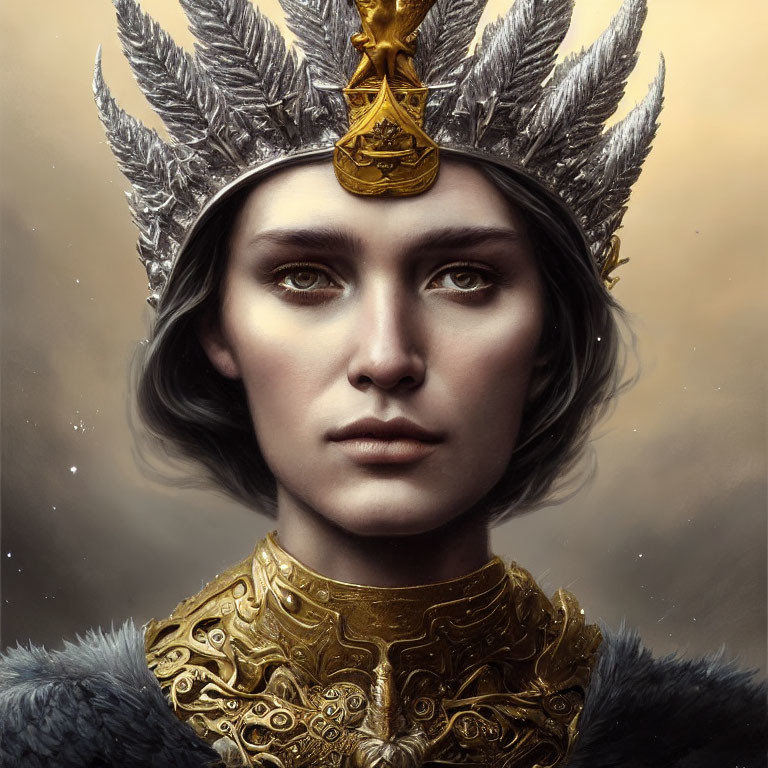 Regal figure in feathered helmet and golden collar in misty setting