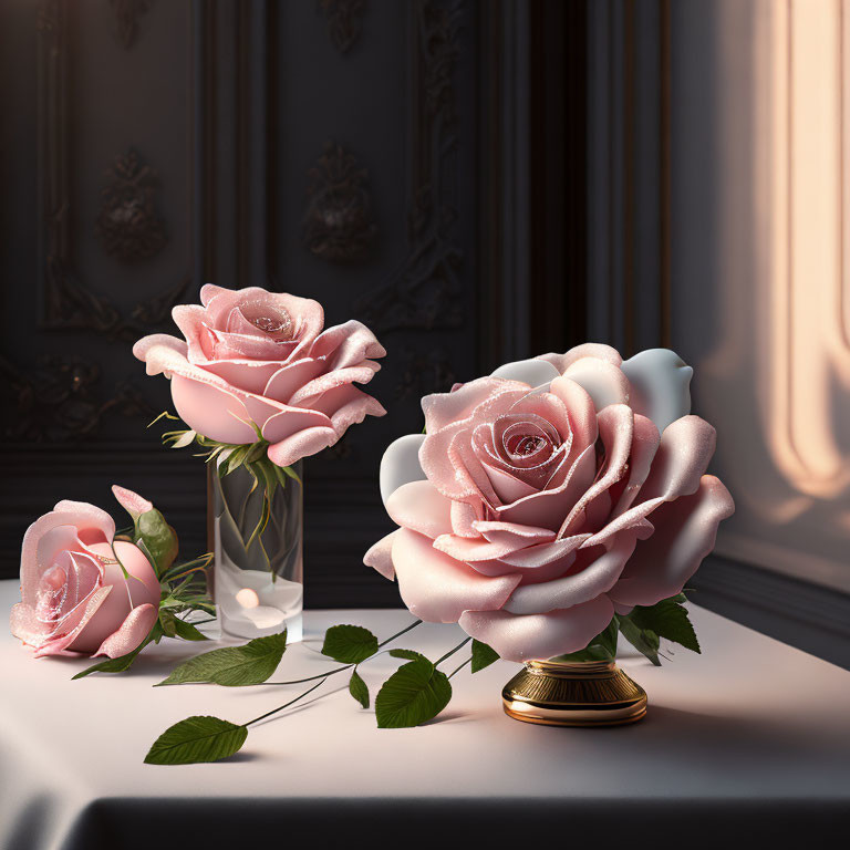 Three pink roses with dewdrops in glass vase against elegant backdrop.