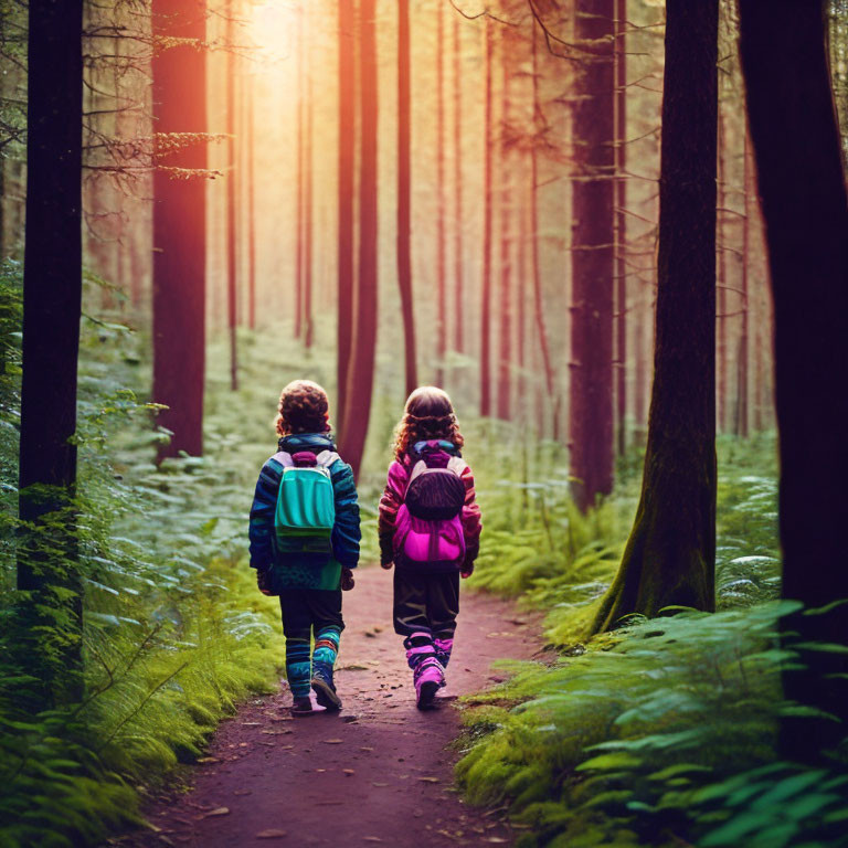 Children walking in sunlit forest with backpacks