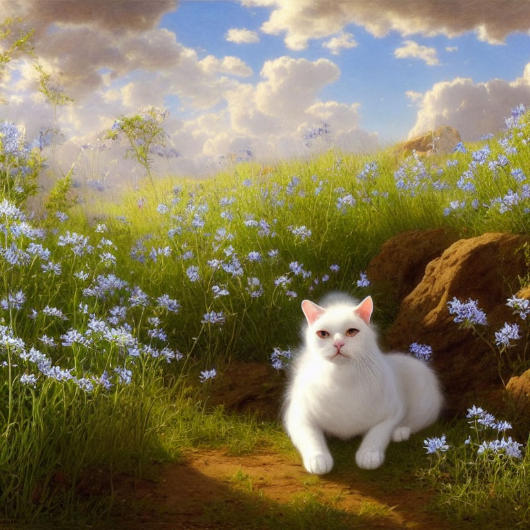 White Cat with Bright Eyes Among Blue Flowers in Sunlit Landscape