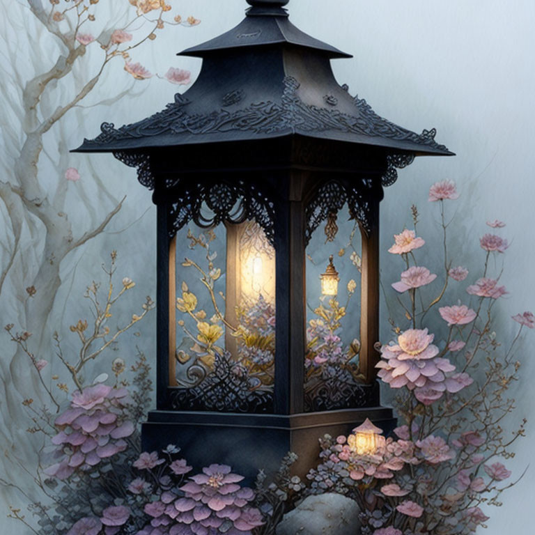 Black lantern with warm light, pink and purple flowers in misty setting