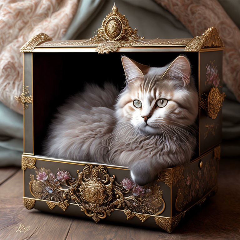 Fluffy cat with striking eyes in ornate golden box