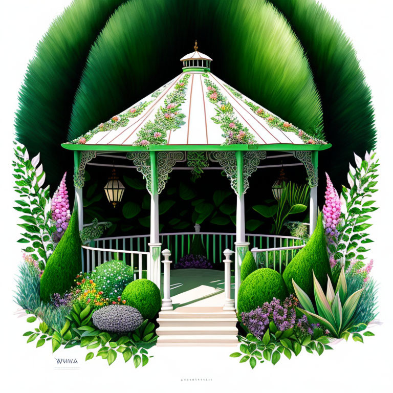 Charming garden gazebo with lattice work and stairs in lush setting