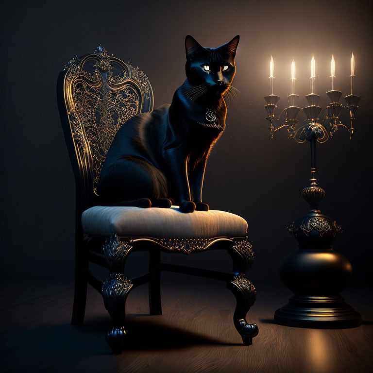 Black Cat on Antique Chair with Candelabra in Moody Setting