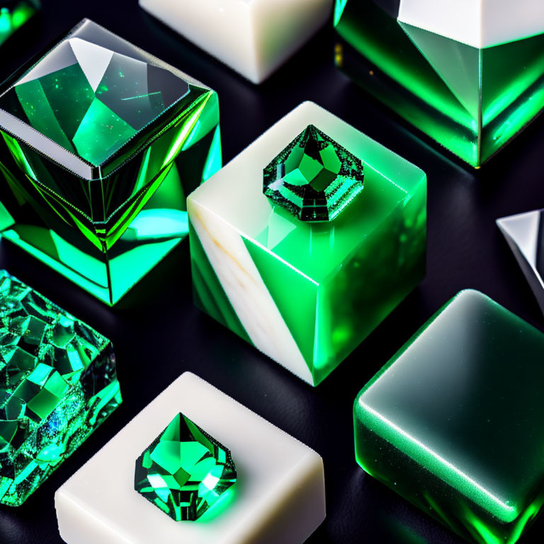 Vivid Green Crystals and Gemstones on Dark Surface