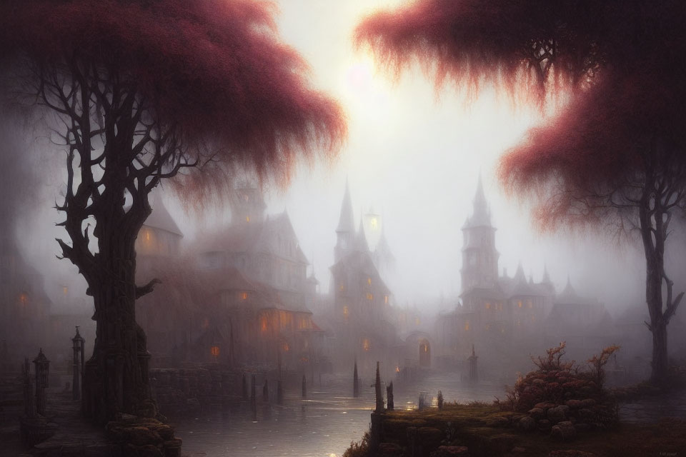 Enchanting foggy village at dusk with glowing lights and red foliage