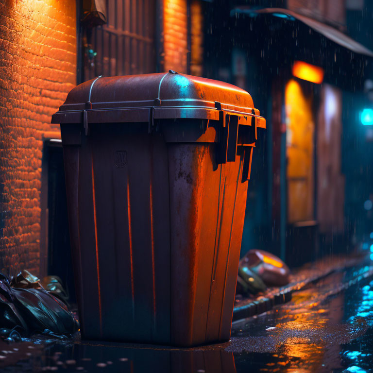 Rusty dumpster on rainy cobblestone street at night