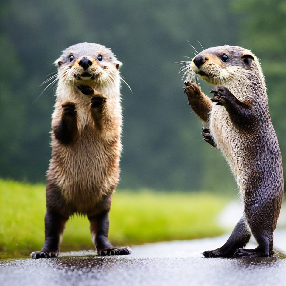 Playful otters standing on path with green background