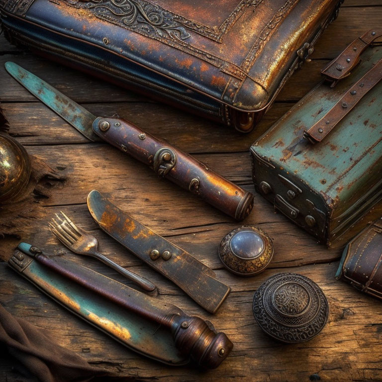 Vintage Cutlery Set with Rustic Suitcases and Ornate Metal Box on Weathered Wooden Surface