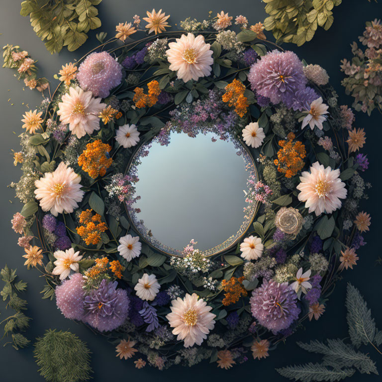 Circular Mirror with Ornate Frame Surrounded by Colorful Flowers