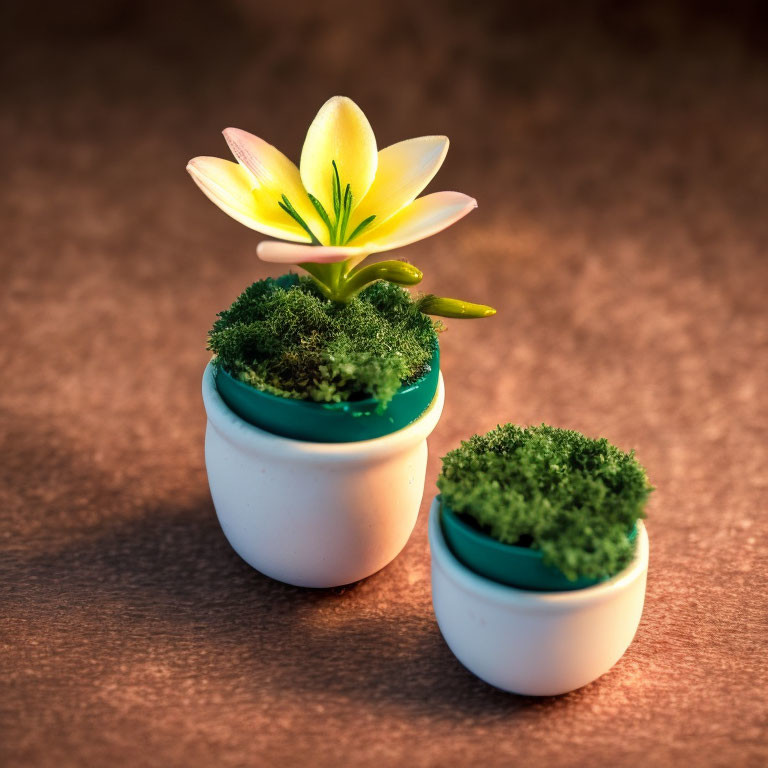 Miniature pots with green moss and blooming flower on warm textured background