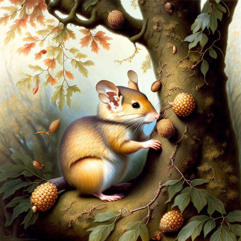 Colorful Mouse Illustration Beside Tree Trunk