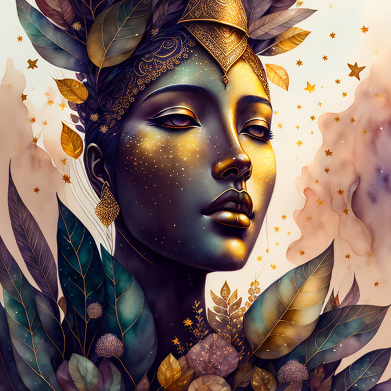Golden-skinned person with celestial motifs and intricate headpieces in mystical setting