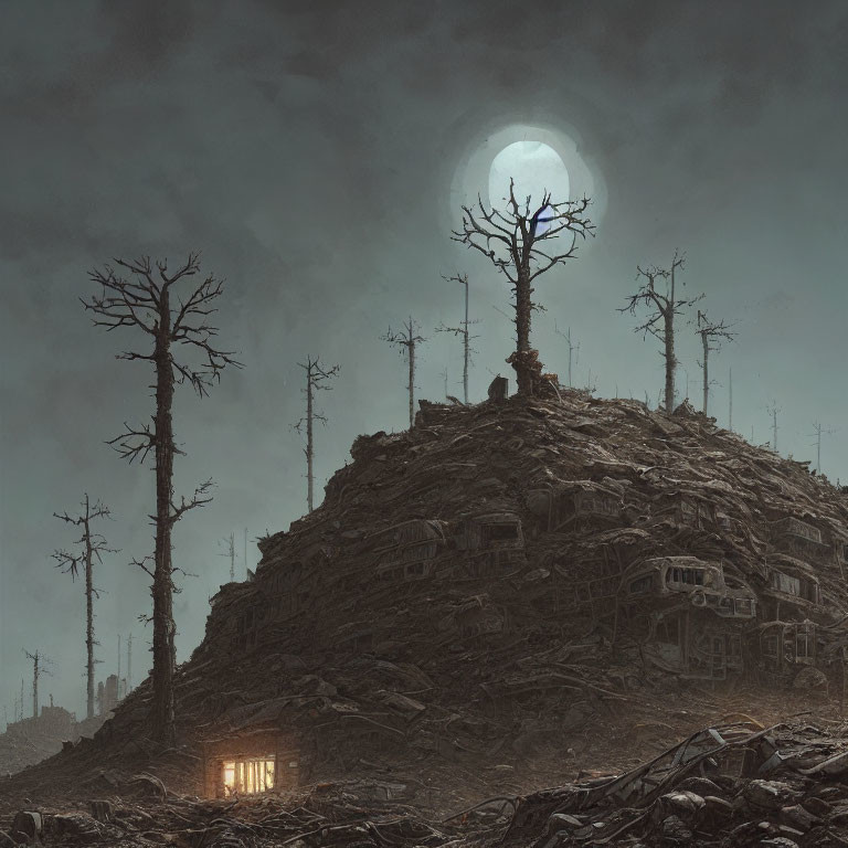 Desolate night landscape with barren trees and abandoned houses under full moon