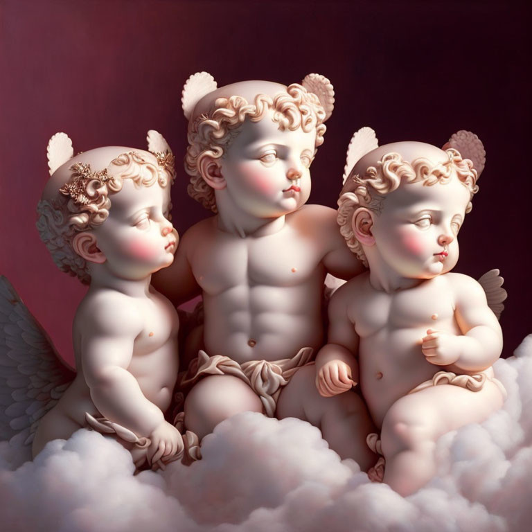 Cherubic winged figures on clouds against burgundy background