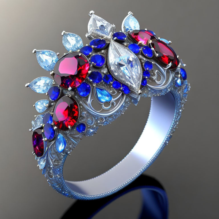 Silver Ring with Red, Blue, and Clear Gemstones and Filigree Detailing