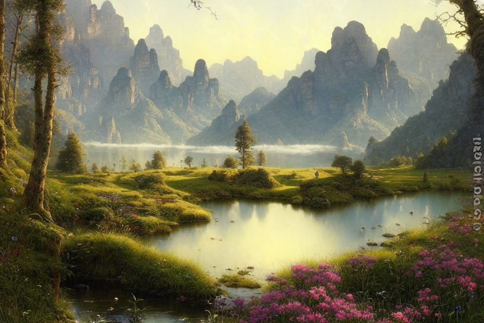 Tranquil landscape with misty mountains, reflective lake, greenery, and pink flowers