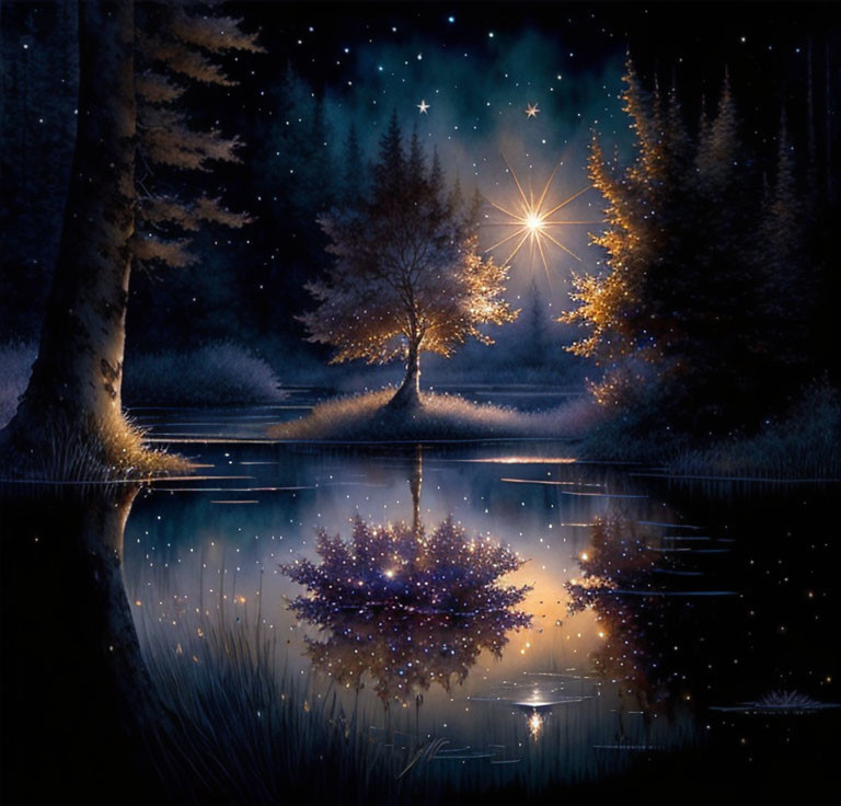 Starry night reflected in pond with illuminated tree