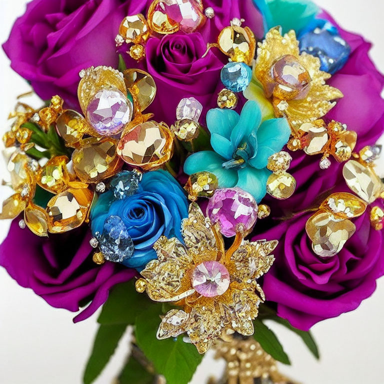 Colorful Bouquet with Purple and Blue Roses and Gemstone Embellishments