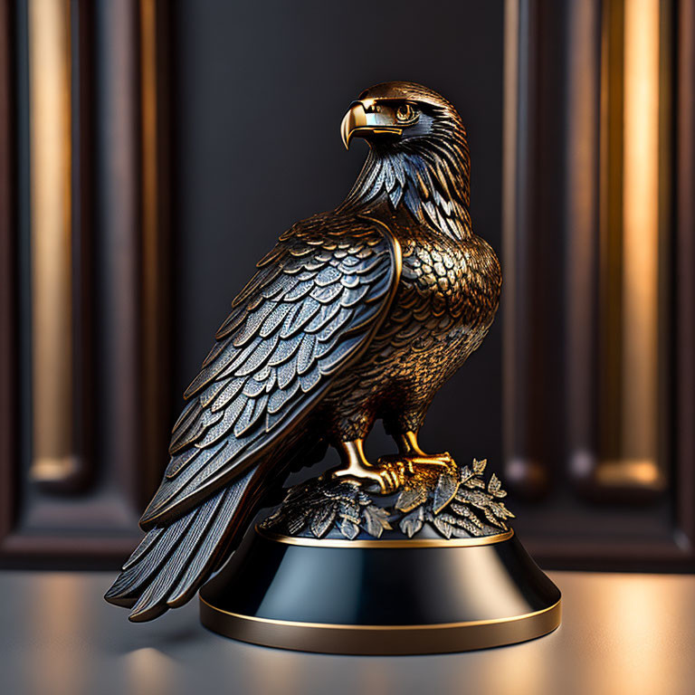 Detailed Metal Eagle Sculpture with Glossy Finish on Pedestal Among Vertical Frames