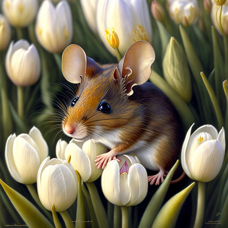 Illustration of mouse with human-like ears in white tulips landscape