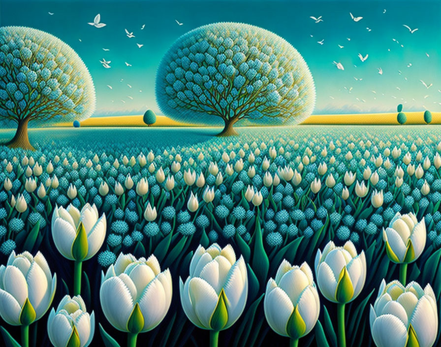 Colorful spherical trees and white tulips in vibrant artwork with flying birds