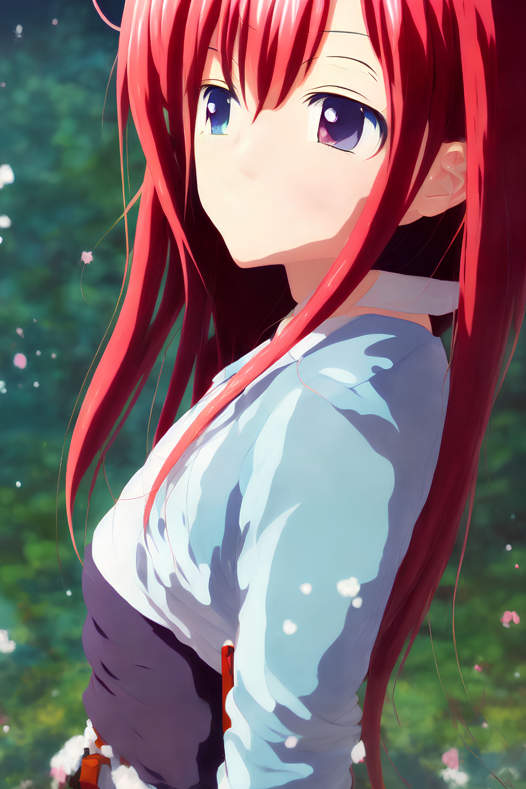 Long red-haired anime girl with purple eyes in blue shirt surrounded by greenery and pink petals.