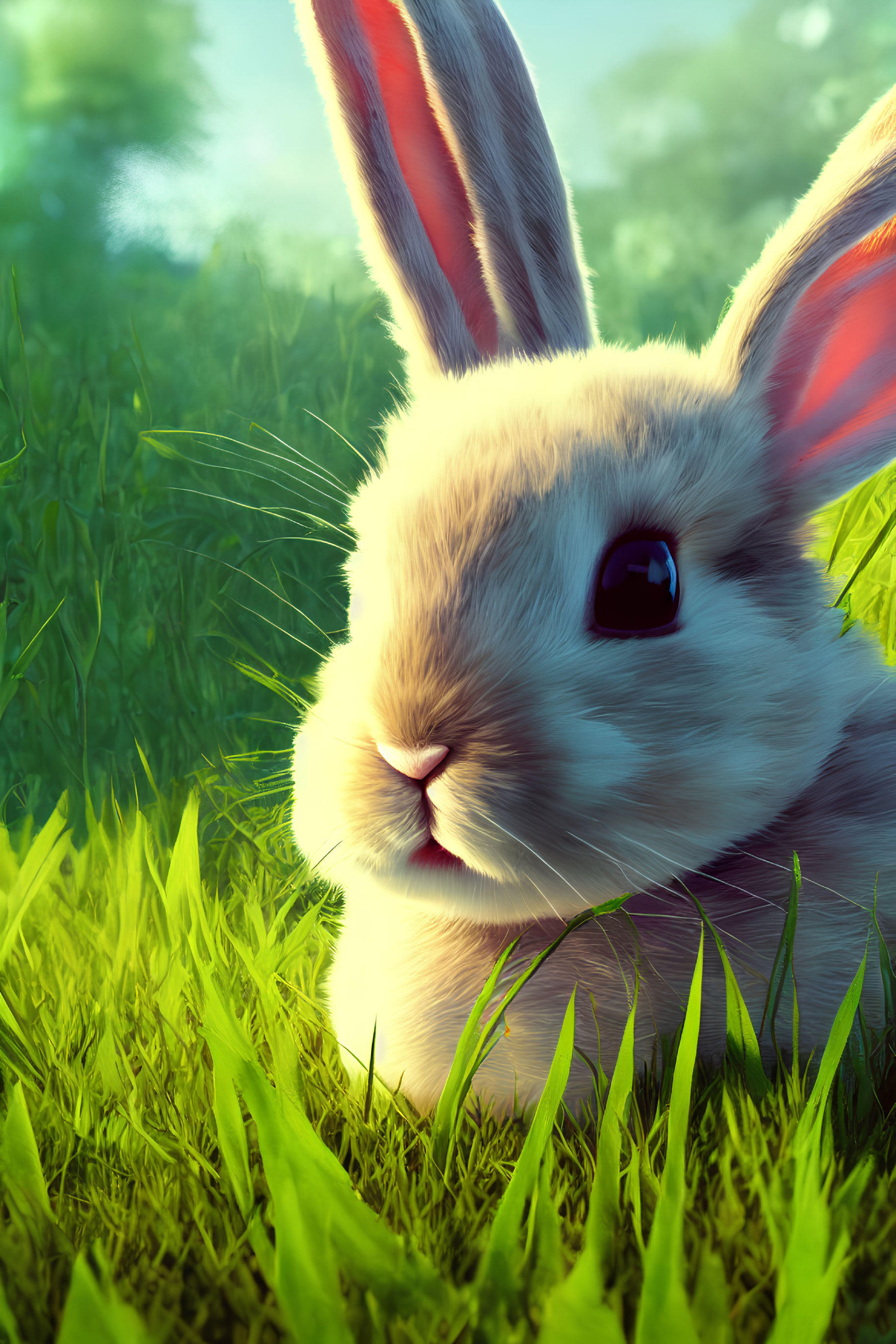 Realistic illustration of adorable rabbit in lush green grass