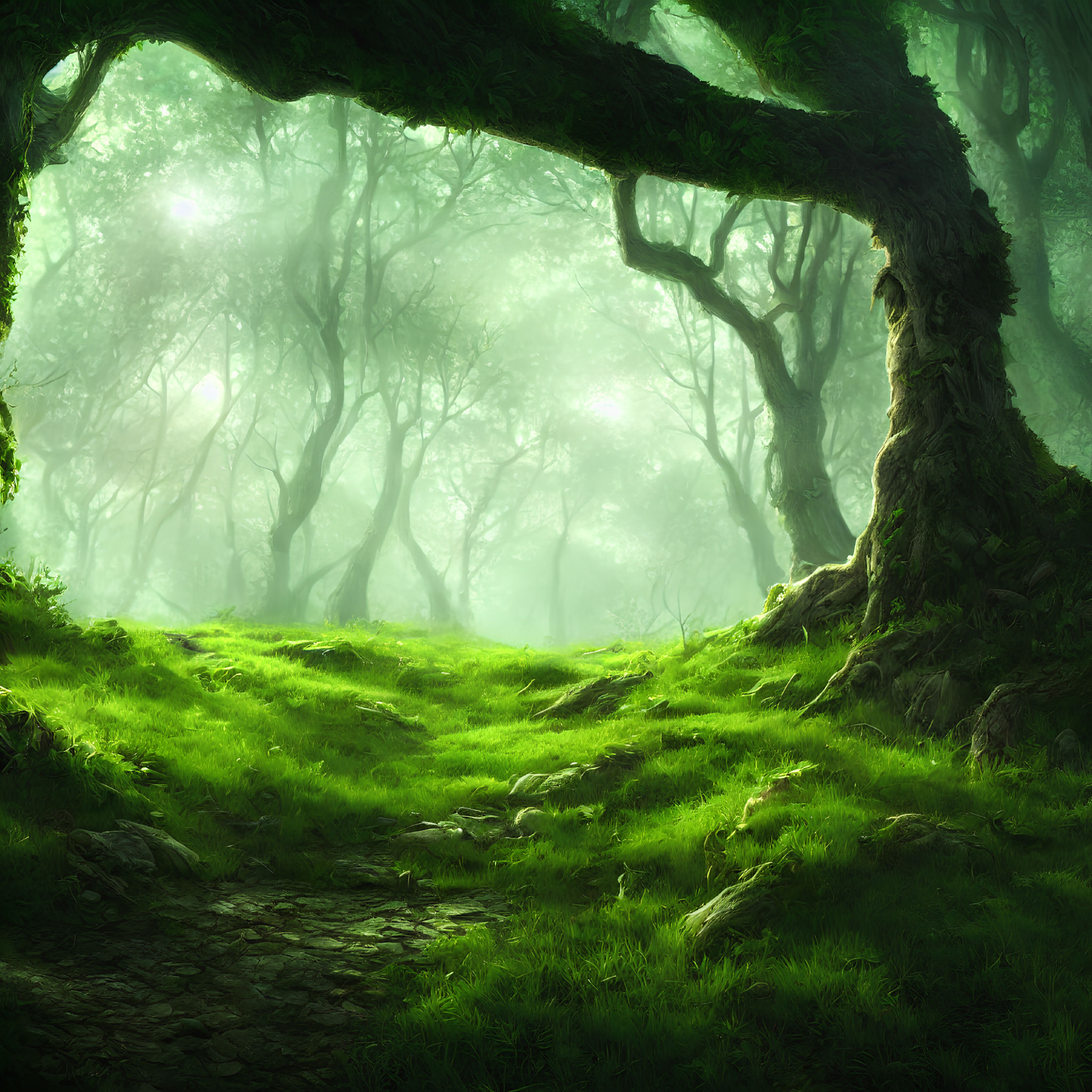 Tranquil misty forest with twisted trees and green carpet