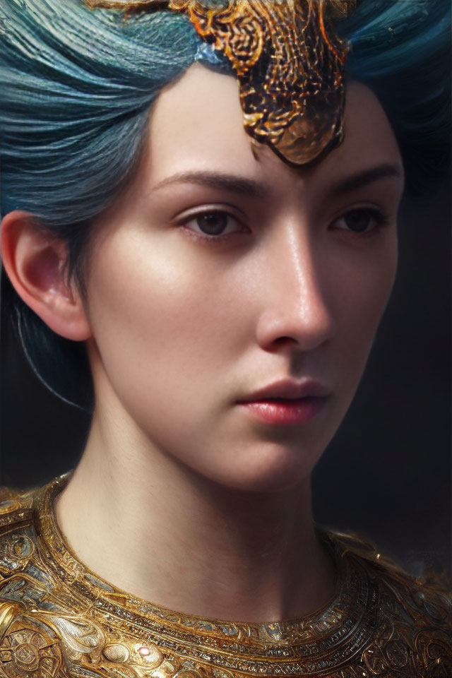 Blue-Haired Figure in Elaborate Golden Armor and Headpiece Gazes Thoughtfully