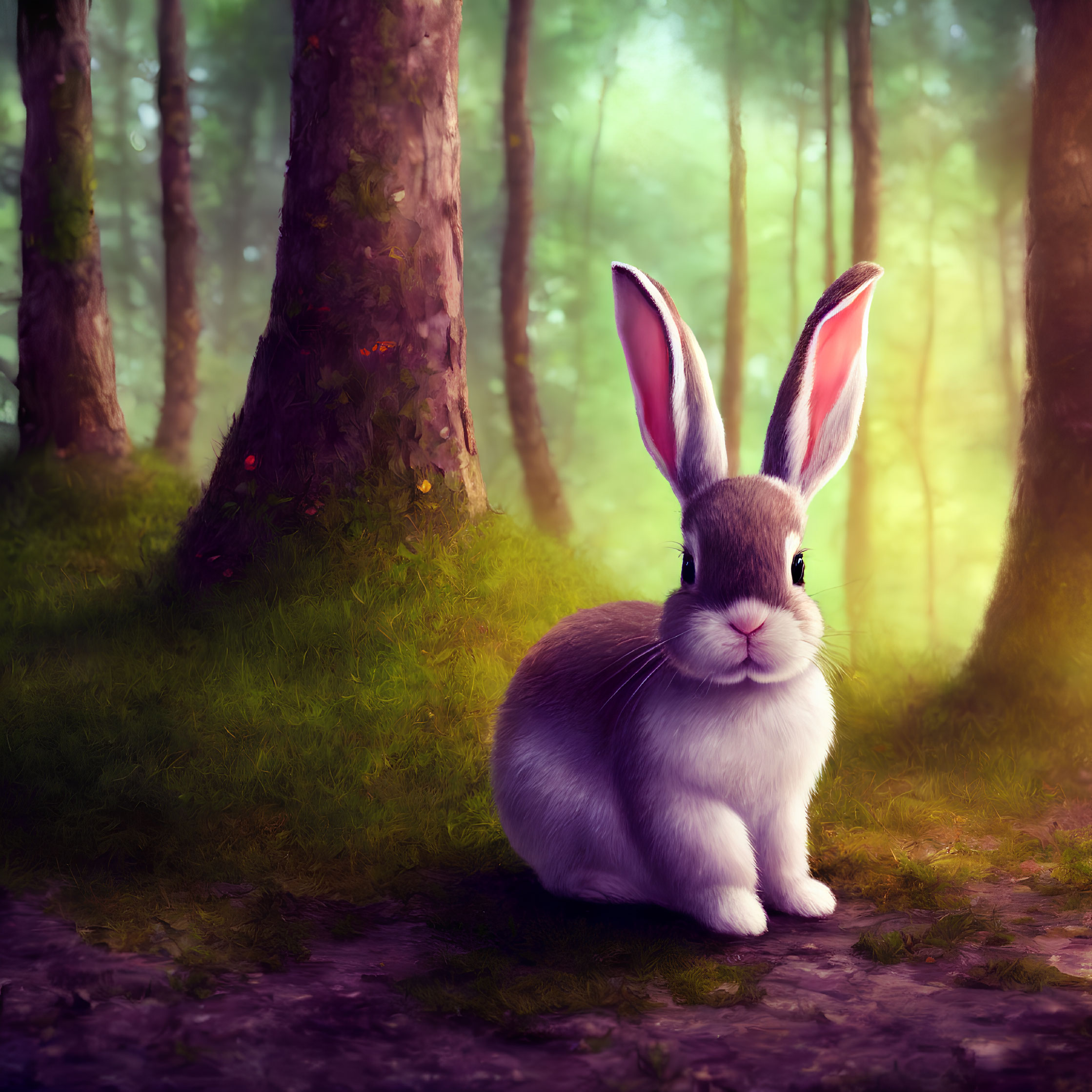 Fluffy white rabbit in serene mystical forest