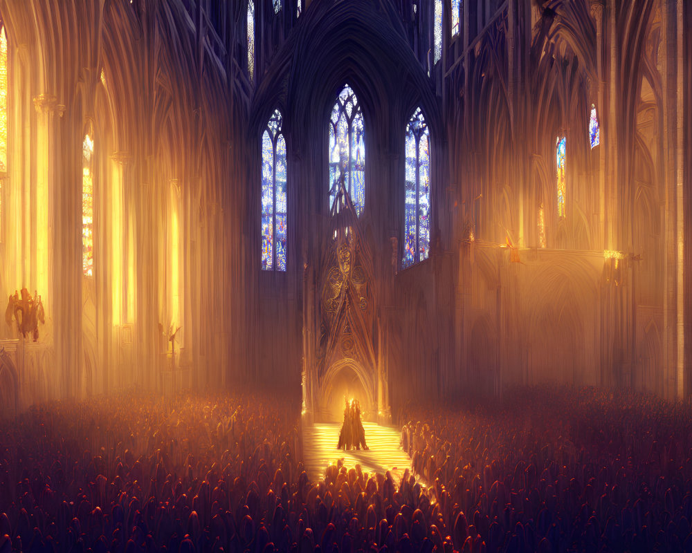 Ornate cathedral interior with sunlight filtering through tall windows