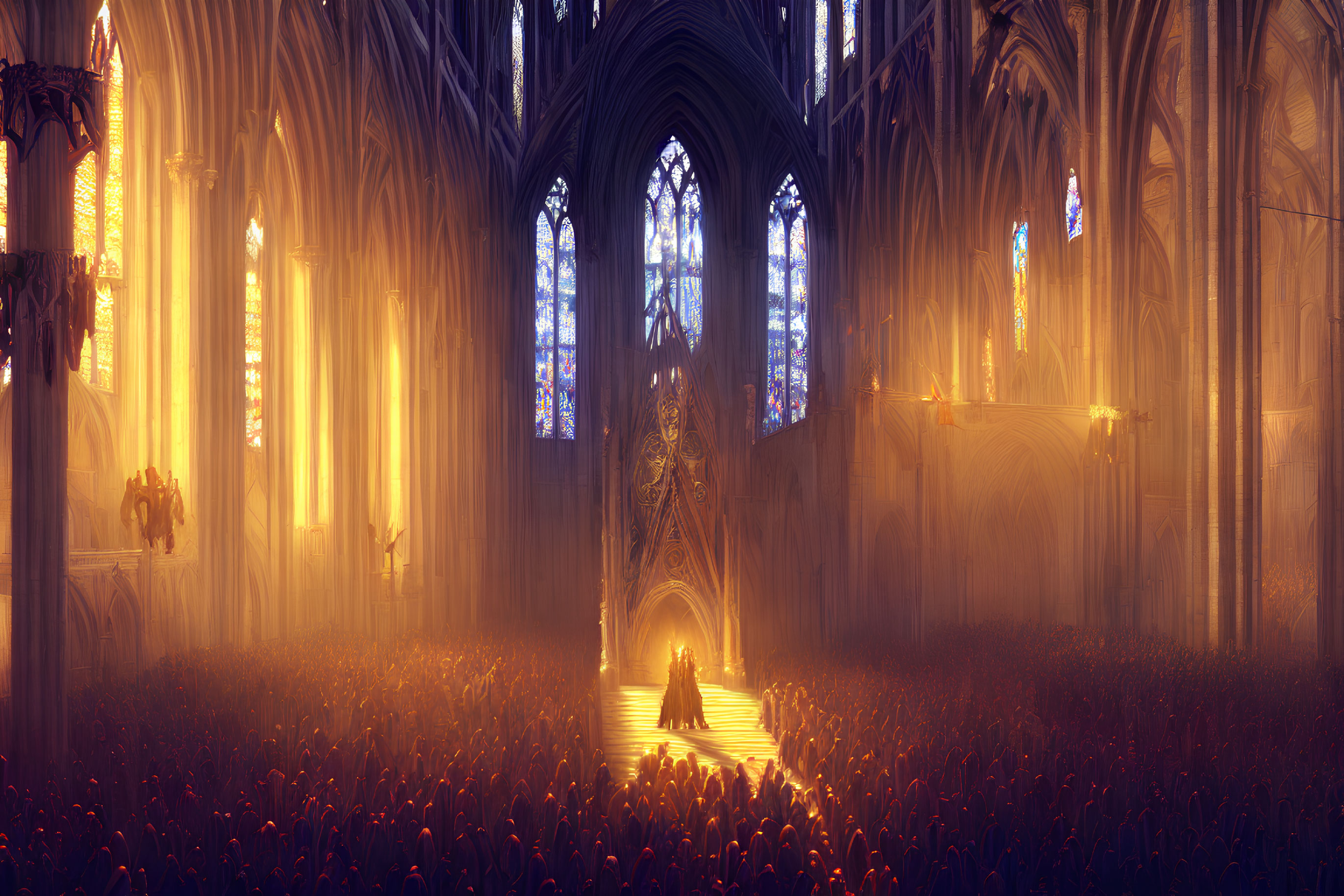 Ornate cathedral interior with sunlight filtering through tall windows