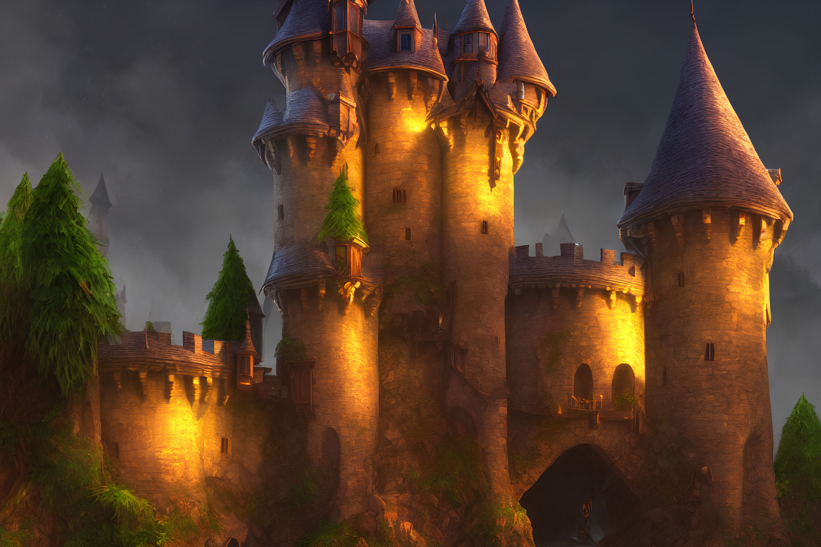 Enchanted castle with tall spires glowing in warm dusk light surrounded by lush greenery on rocky