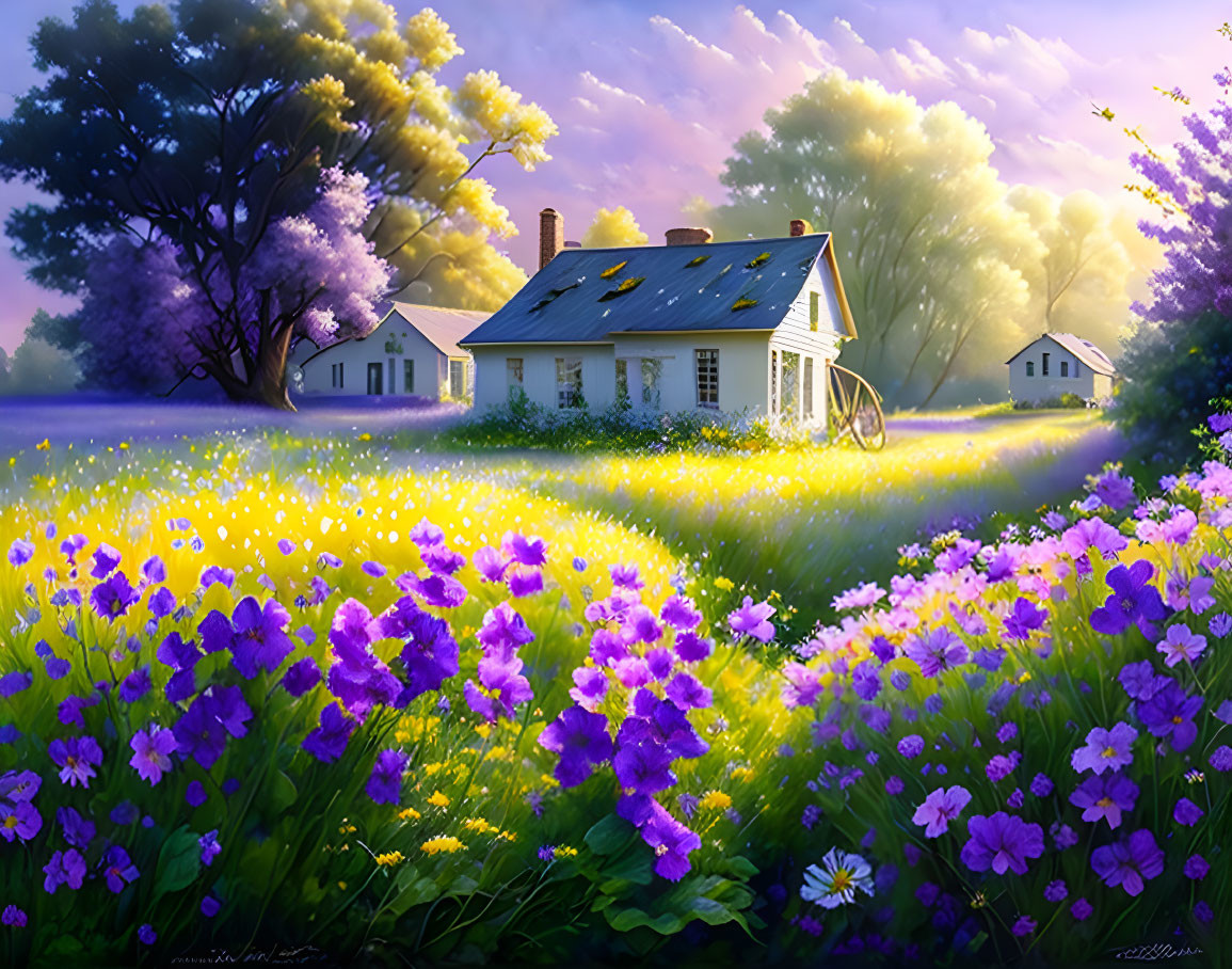 Tranquil landscape: quaint house, purple flower fields, radiant sky