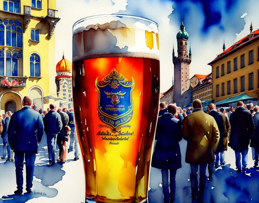 Detailed beer glass in European town square setting