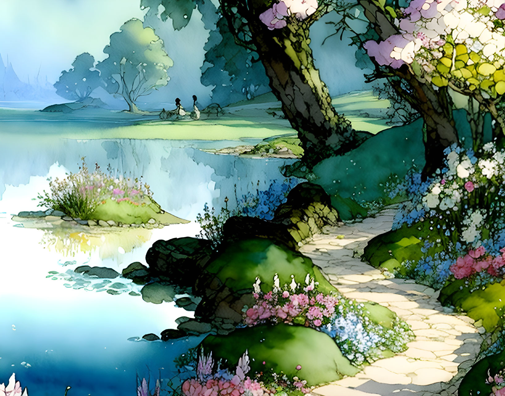 Tranquil watercolor painting of flower-lined pathway to serene lake